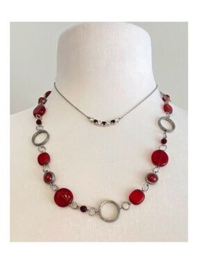 Red Beaded Necklace & Silver-Tone Rhinestone Pendant statement  arrangement
